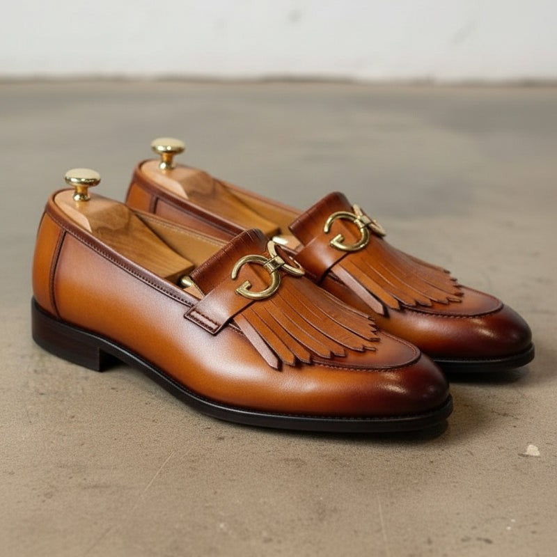Brown Apron-Toe Fringe Leather Bit Loafers — Lyme