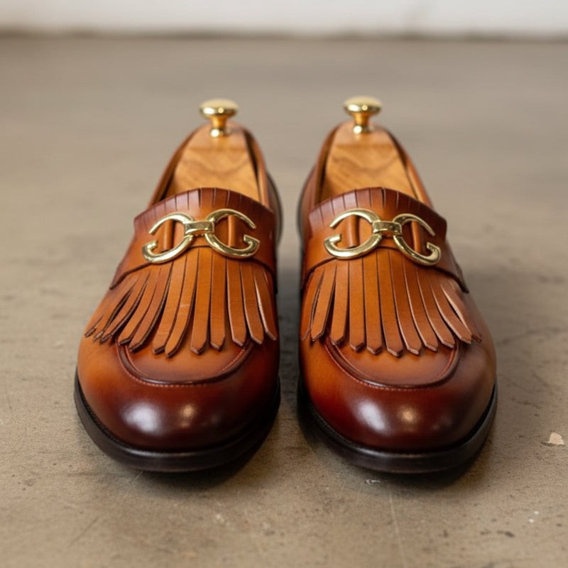 Brown Apron-Toe Fringe Leather Bit Loafers — Lyme