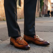 Brown Apron-Toe Fringe Leather Bit Loafers — Lyme