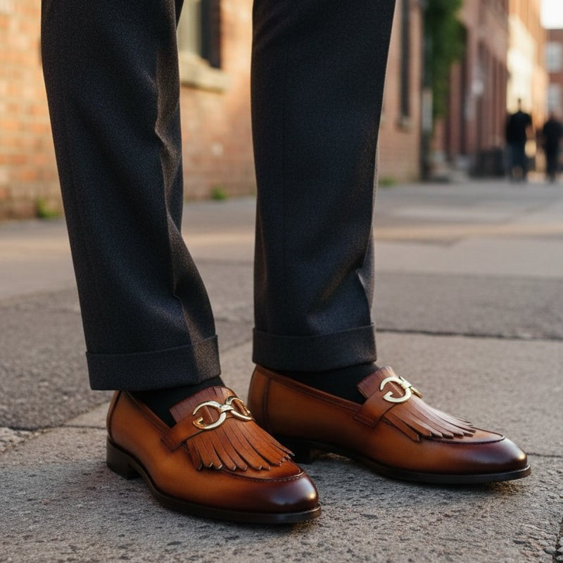 Brown Apron-Toe Fringe Leather Bit Loafers — Lyme