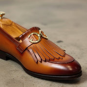 Brown Apron-Toe Fringe Leather Bit Loafers — Lyme