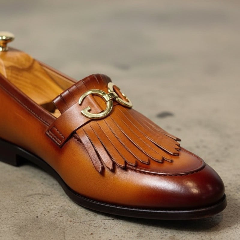 Brown Apron-Toe Fringe Leather Bit Loafers — Lyme