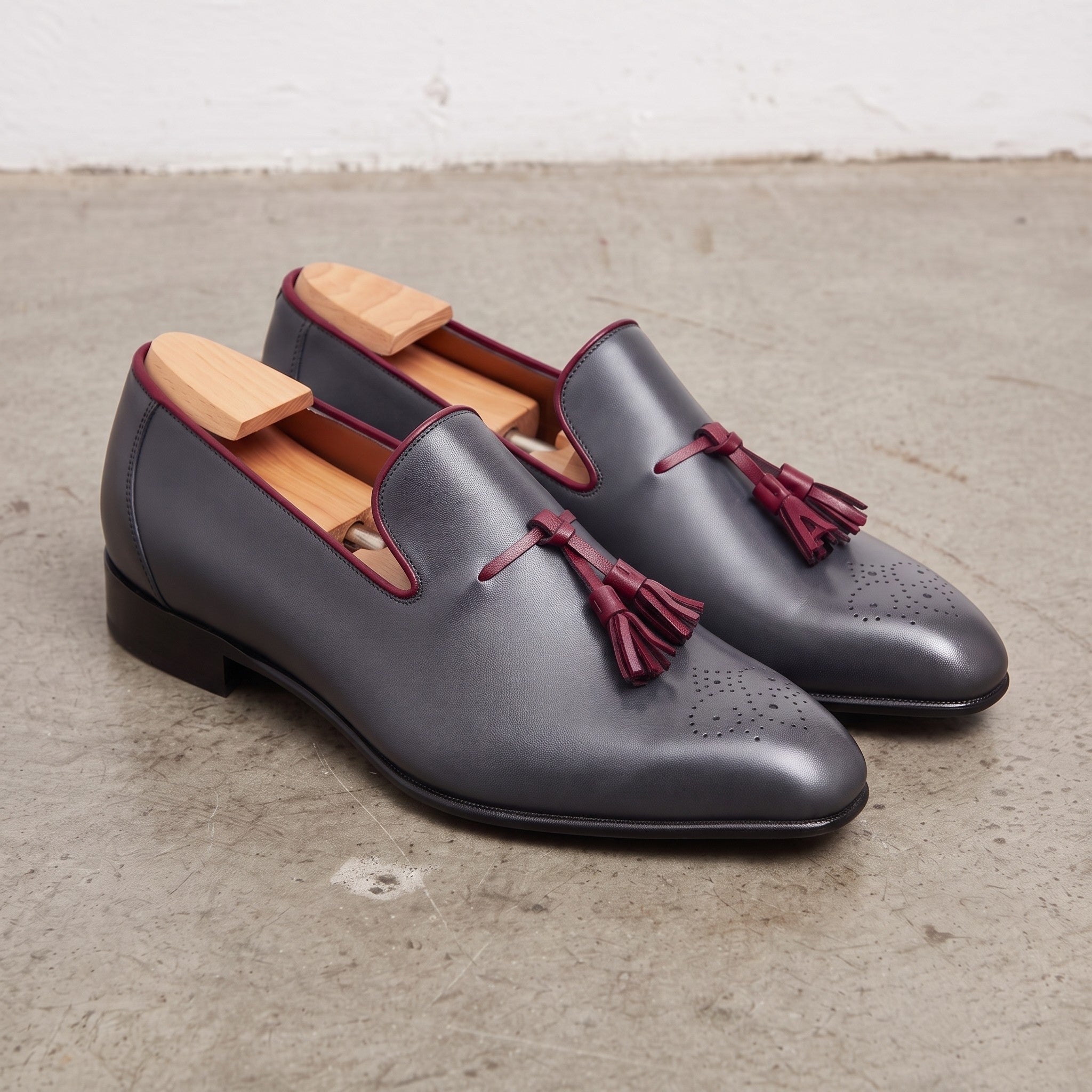 Men's Dark Grey and Burgundy Brogue Leather Tassel Loafers — Faraday