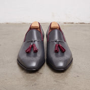 Men's Dark Grey and Burgundy Brogue Leather Tassel Loafers — Faraday