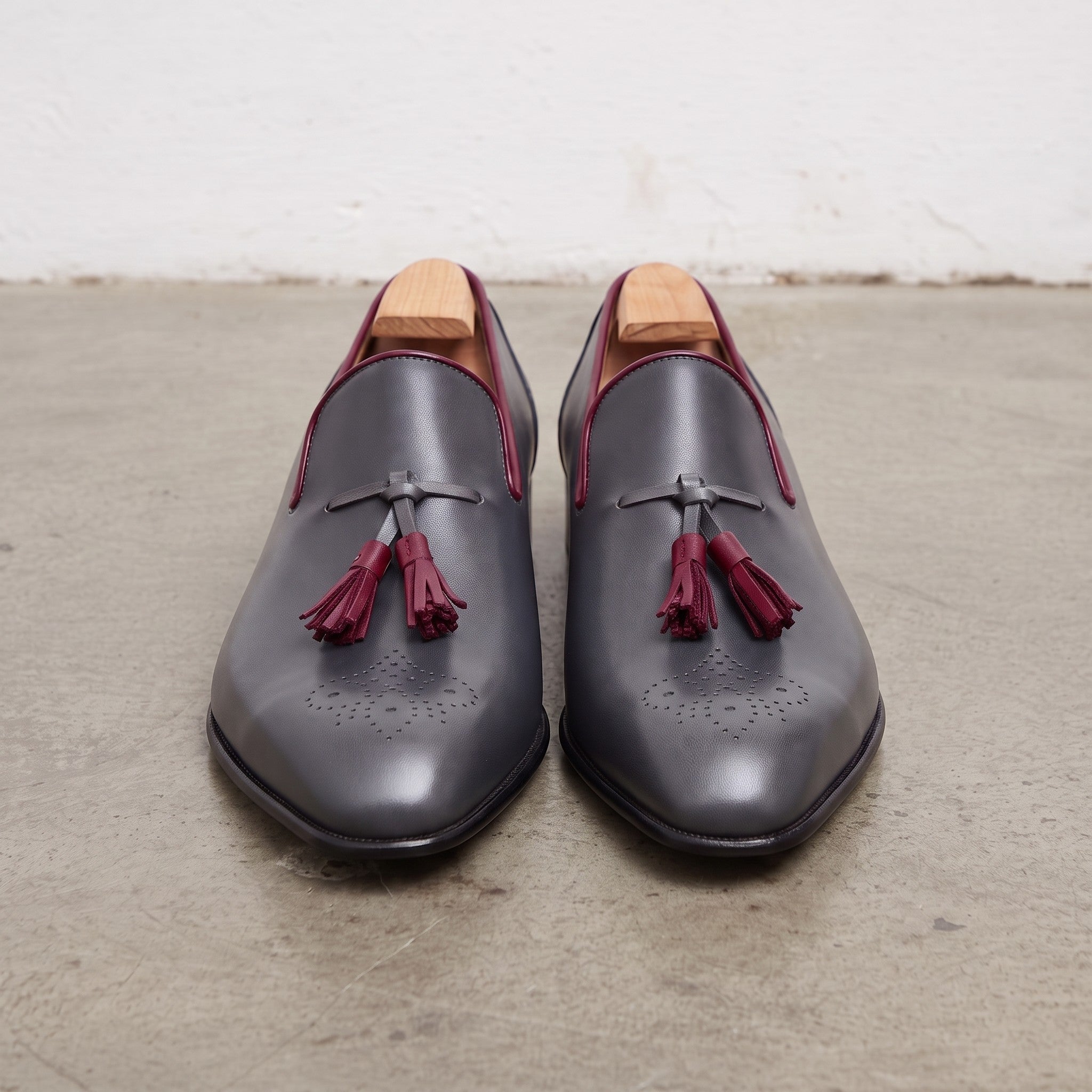 Men's Dark Grey and Burgundy Brogue Leather Tassel Loafers — Faraday