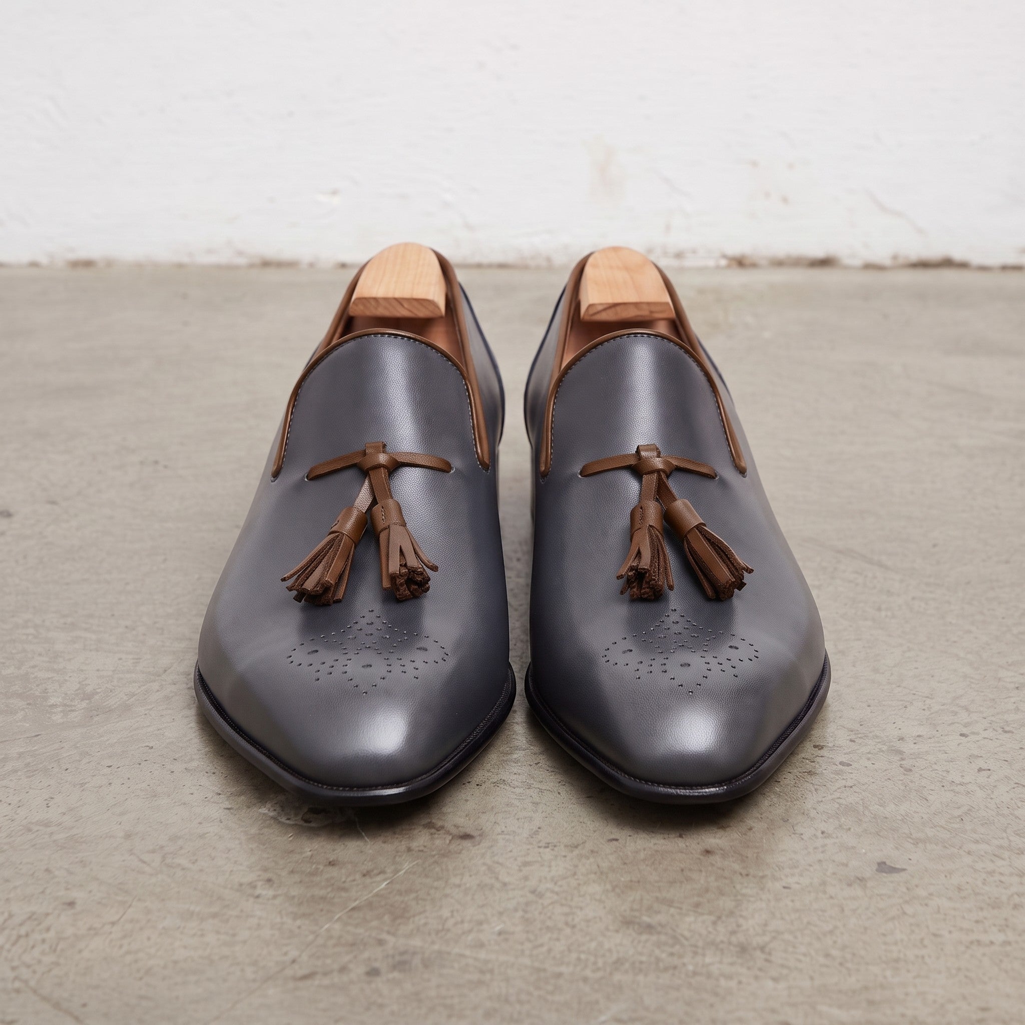 Men's Dark Grey and Brown Brogue Leather Tassel Loafers — Faraday