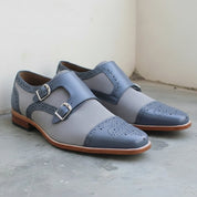 Men's Grey and Dark Blue Cap-Toe Leather Monk Strap Shoes — Spalding
