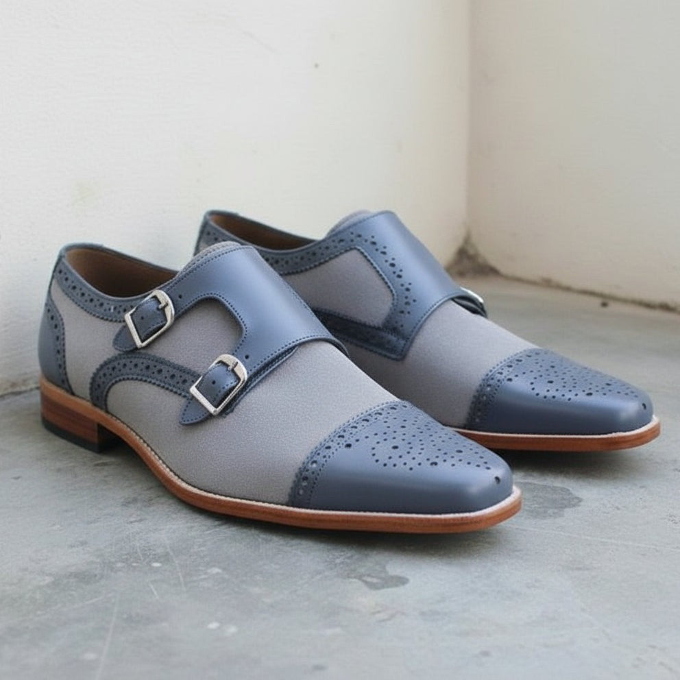 Men's Grey and Dark Blue Cap-Toe Leather Monk Strap Shoes — Spalding