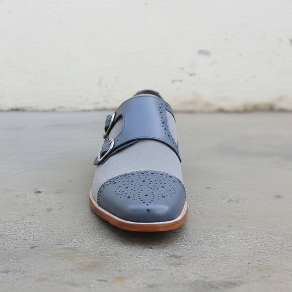 Men's Grey and Dark Blue Cap-Toe Leather Monk Strap Shoes — Spalding