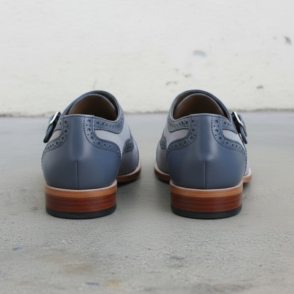 Men's Grey and Dark Blue Cap-Toe Leather Monk Strap Shoes — Spalding