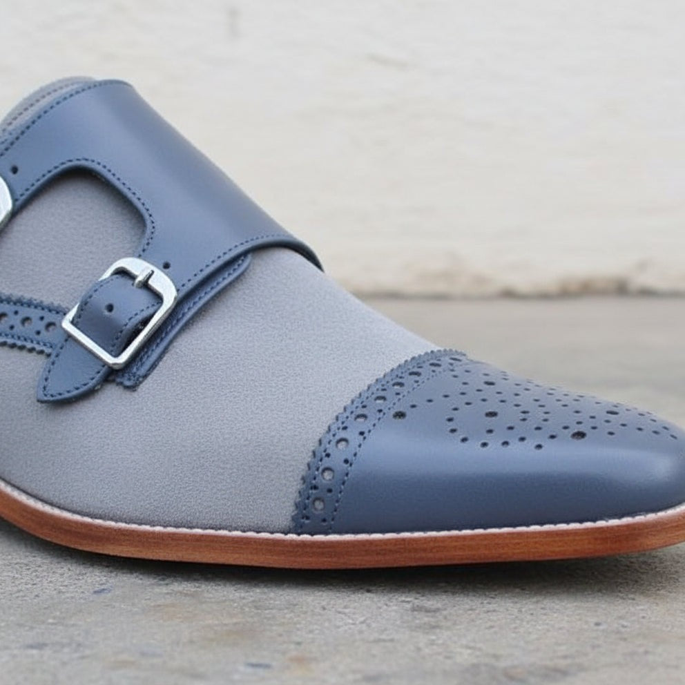 Men's Grey and Dark Blue Cap-Toe Leather Monk Strap Shoes — Spalding