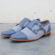 Men's Grey and Dark Blue Cap-Toe Leather Monk Strap Shoes — Spalding