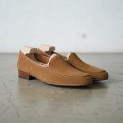 Men's Tan and Dark Brown Apron-Toe Suede Moccasins — Ashbury