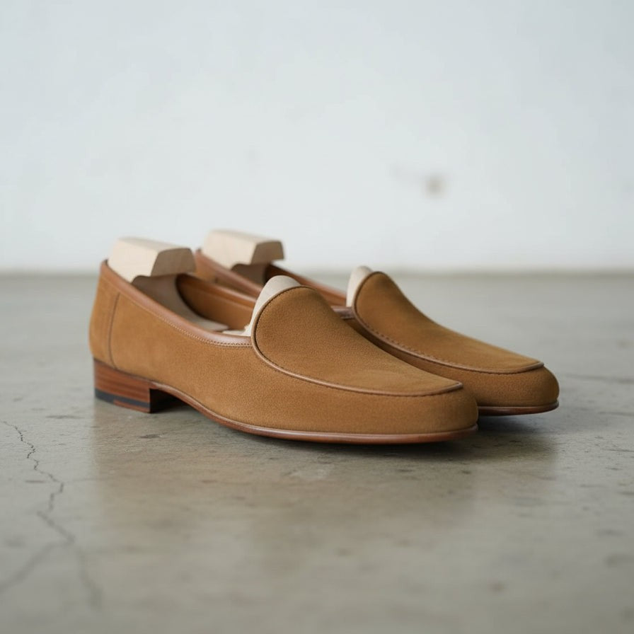 Men's Tan and Dark Brown Apron-Toe Suede Moccasins — Ashbury