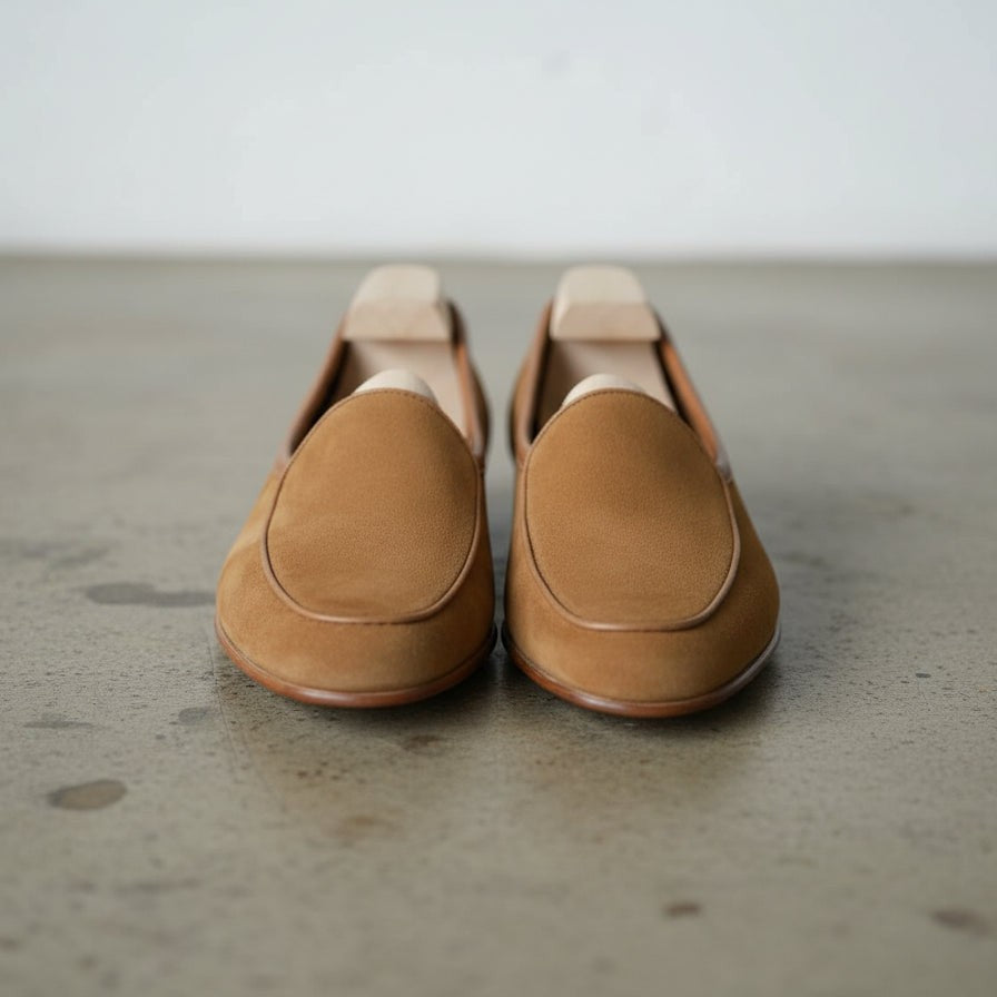Men's Tan and Dark Brown Apron-Toe Suede Moccasins — Ashbury
