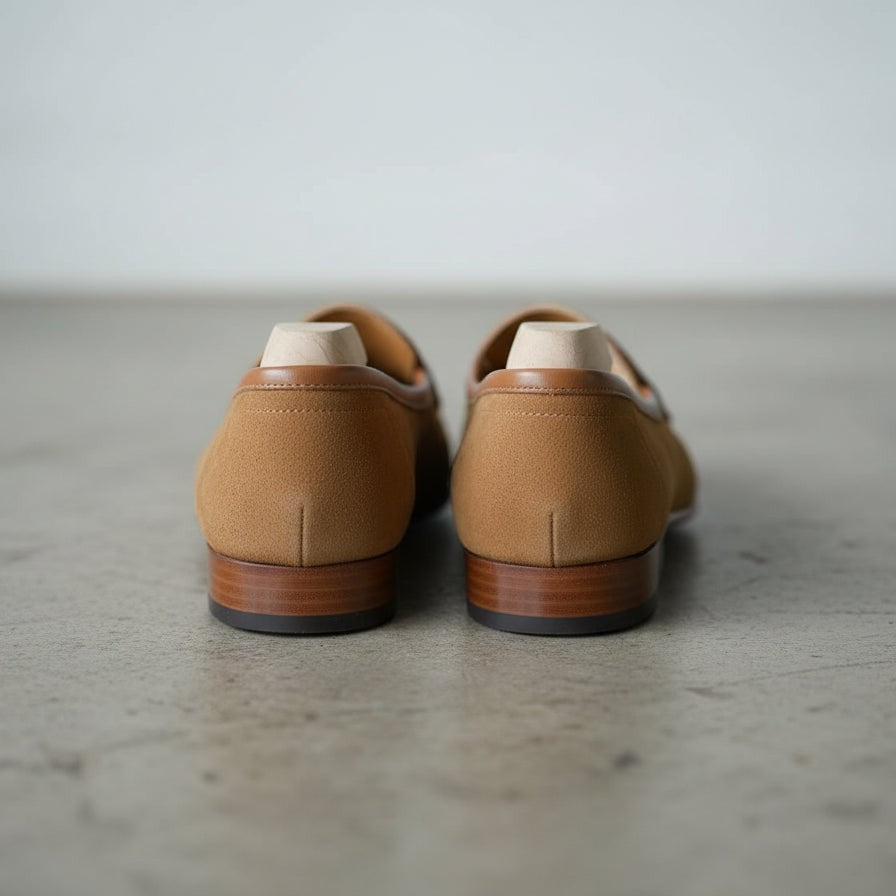 Men's Tan and Dark Brown Apron-Toe Suede Moccasins — Ashbury