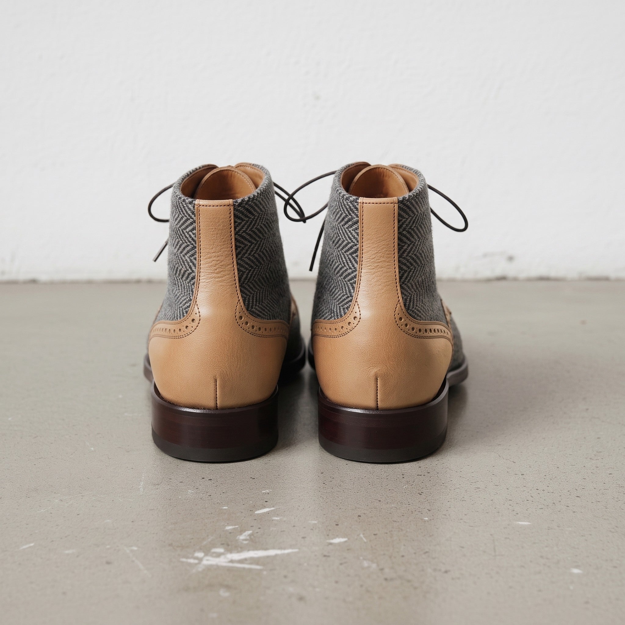 Men's Grey, Tan, and Brown Herringbone and Leather Cap-Toe Derby Boots — Barnard