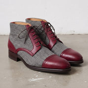 Men's Grey and Burgundy Herringbone and Leather Cap-Toe Derby Boots — Barnard