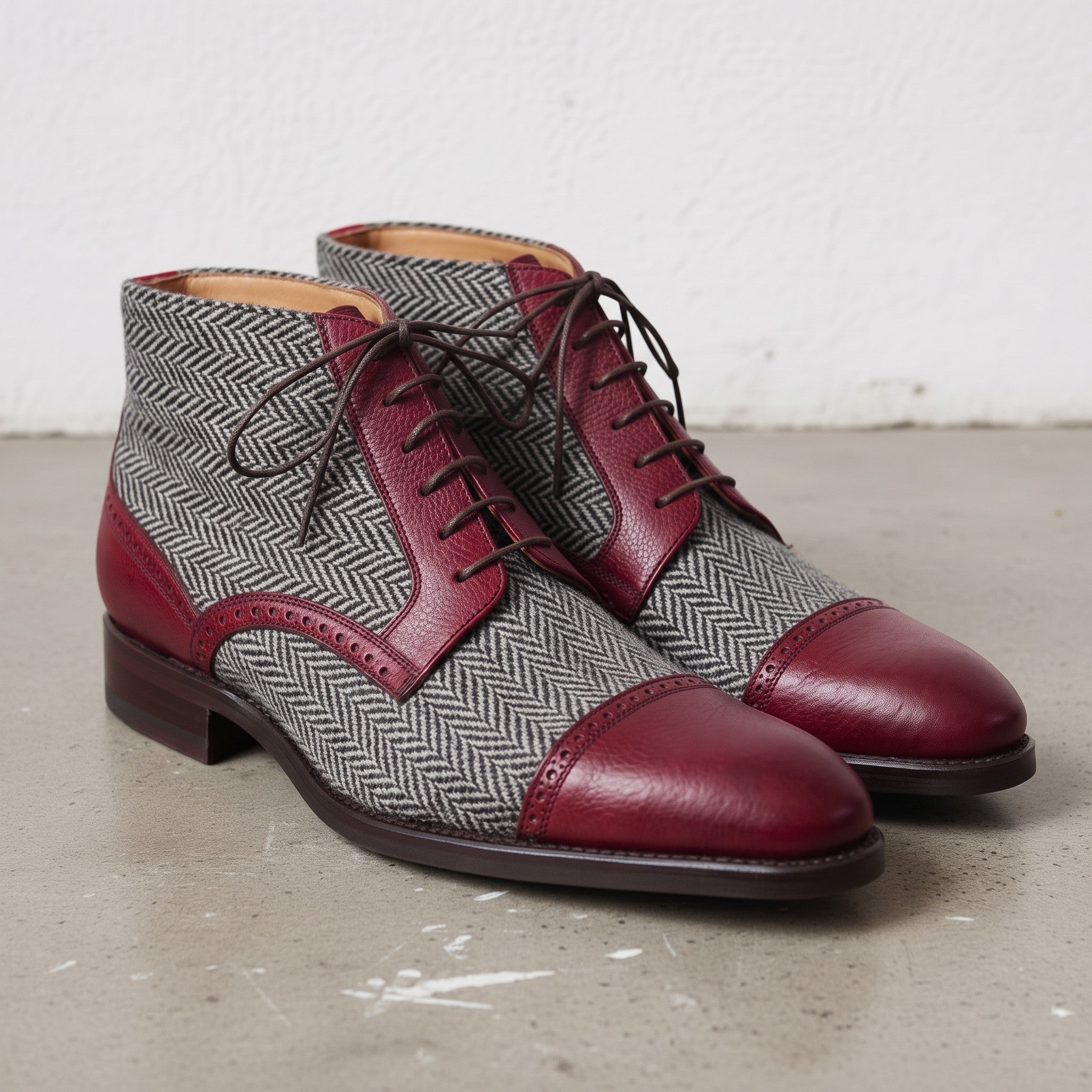 Men's Grey and Burgundy Herringbone and Leather Cap-Toe Derby Boots — Barnard