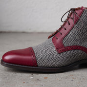 Men's Grey and Burgundy Herringbone and Leather Cap-Toe Derby Boots — Barnard