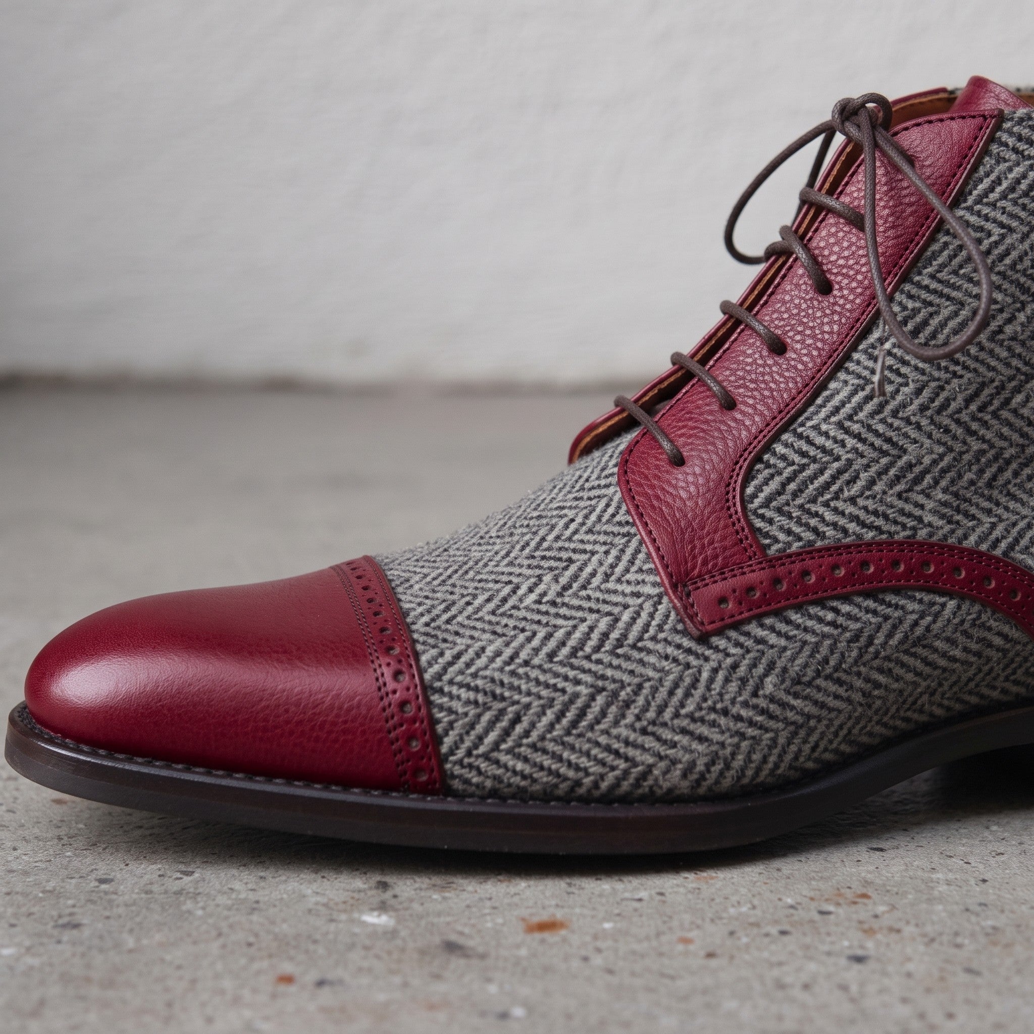 Men's Grey and Burgundy Herringbone and Leather Cap-Toe Derby Boots — Barnard