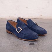 Men's Navy Blue Apron-Toe Suede Monk Strap Loafers — Dishington