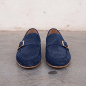 Men's Navy Blue Apron-Toe Suede Monk Strap Loafers — Dishington