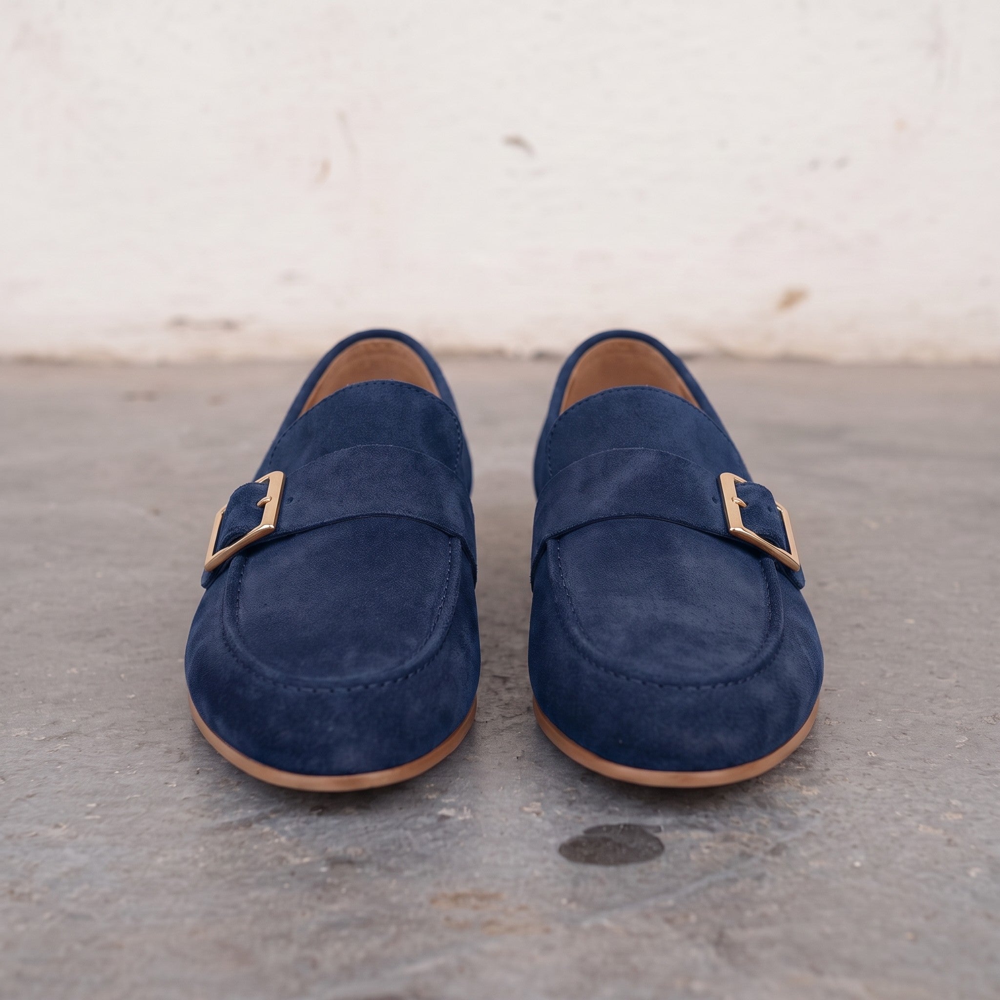 Men's Navy Blue Apron-Toe Suede Monk Strap Loafers — Dishington