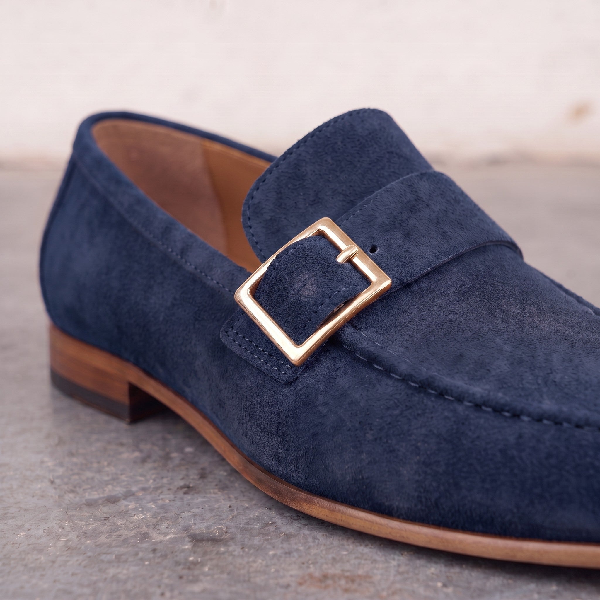 Men's Navy Blue Apron-Toe Suede Monk Strap Loafers — Dishington