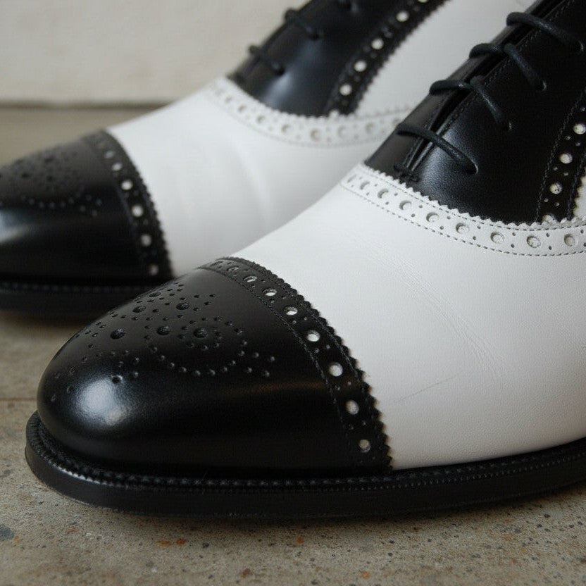 Men's Black and White Cap-Toe Leather Spectator Oxfords — Hodgson