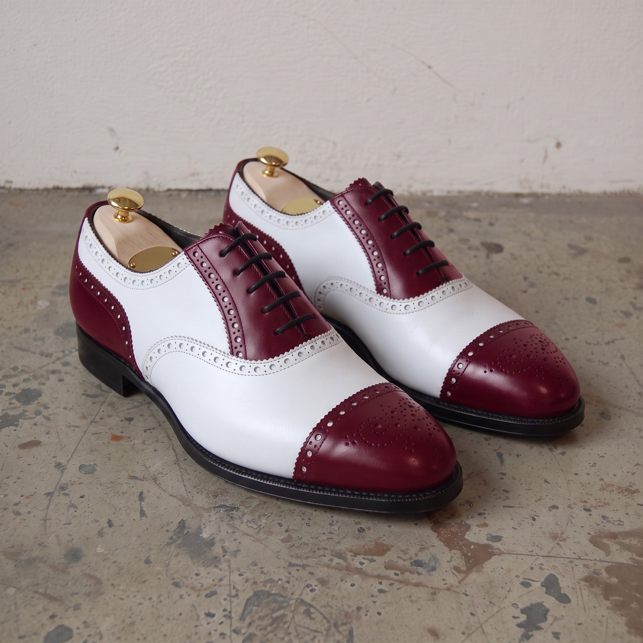 Men's Burgundy and White Cap-Toe Leather Spectator Oxfords — Hodgson