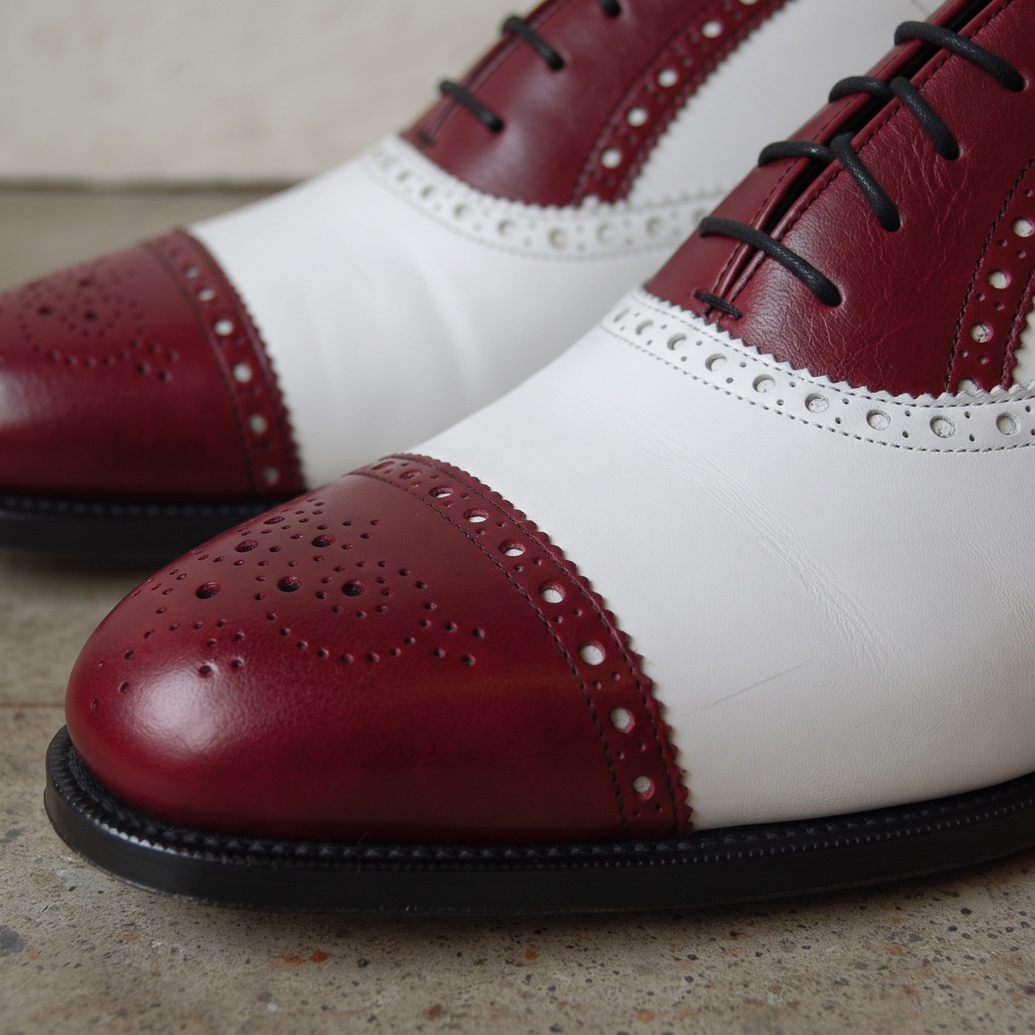 Men's Burgundy and White Cap-Toe Leather Spectator Oxfords — Hodgson