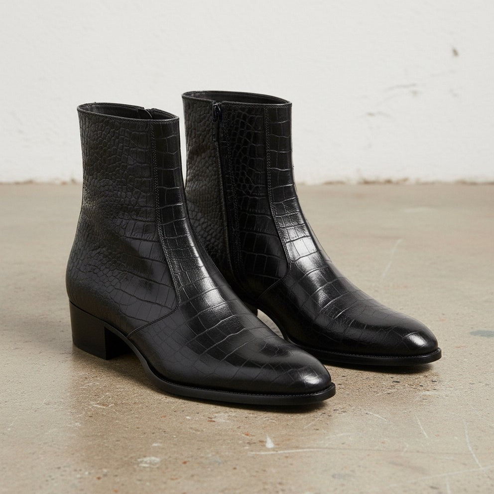 Men's Black Crocodile-Embossed Leather Zip Ankle Boots — Claydon