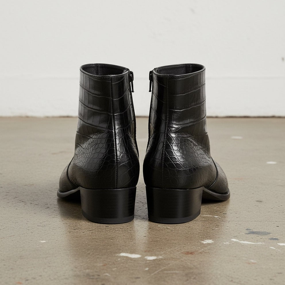 Men's Black Crocodile-Embossed Leather Zip Ankle Boots — Claydon