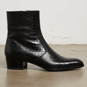 Men's Black Crocodile-Embossed Leather Zip Ankle Boots — Claydon