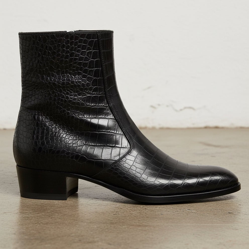 Men's Black Crocodile-Embossed Leather Zip Ankle Boots — Claydon
