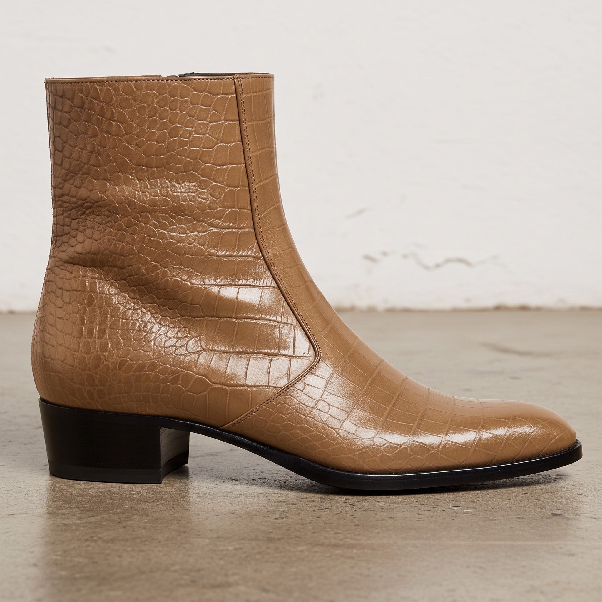 Men's Tan Crocodile-Embossed Leather Ankle Boots — Claydon
