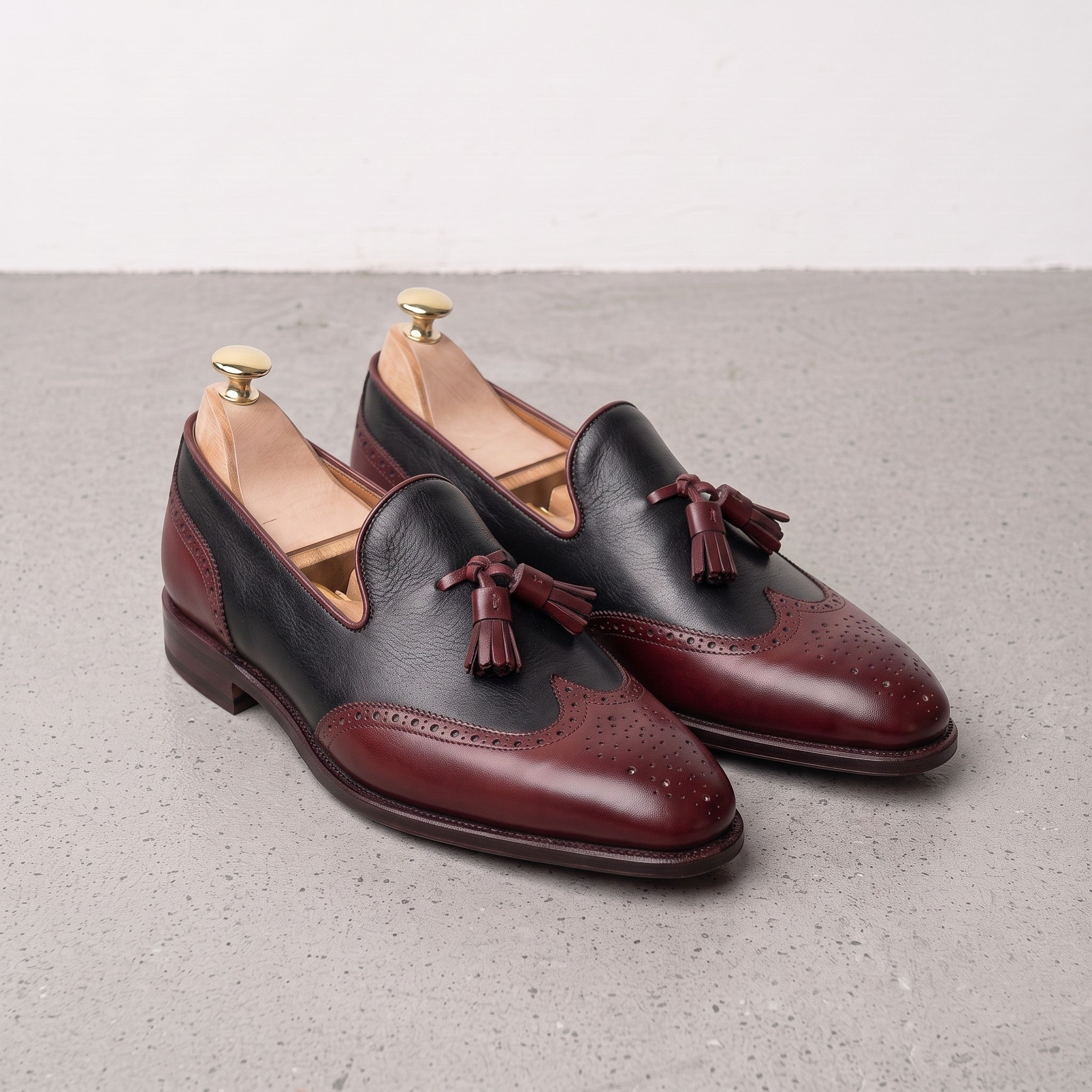 Men's Black and Burgundy Wingtip Leather Tassel Loafers — Badlesmere