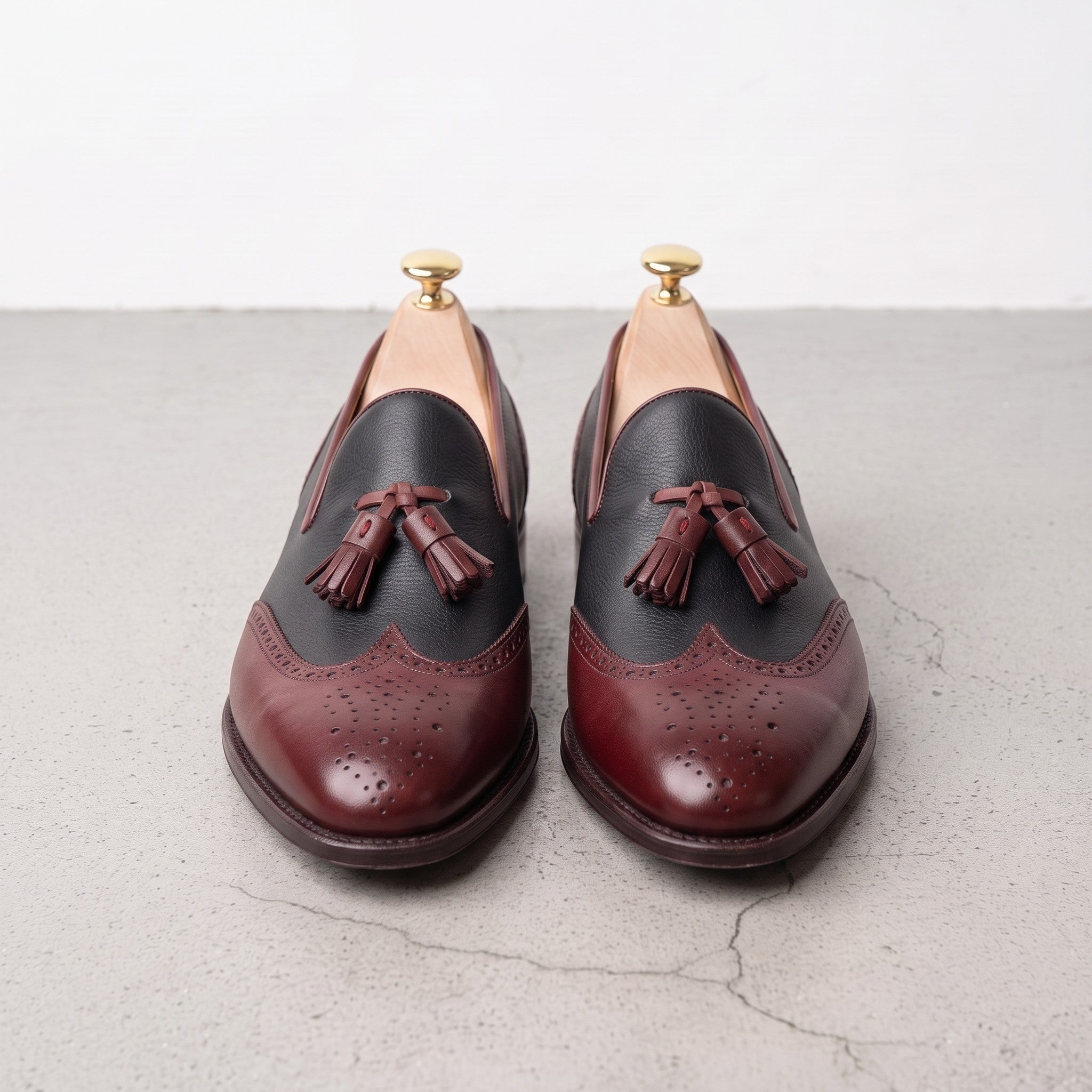 Men's Black and Burgundy Wingtip Leather Tassel Loafers — Badlesmere