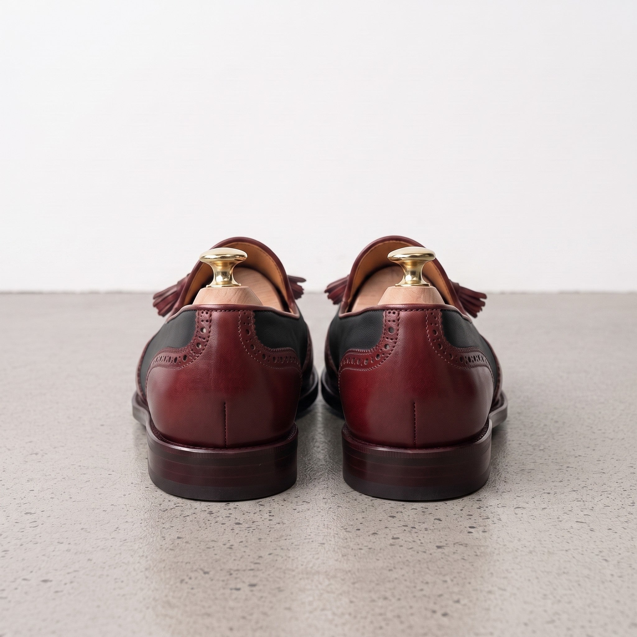 Men's Black and Burgundy Wingtip Leather Tassel Loafers — Badlesmere