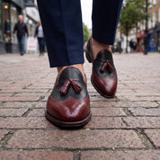 Men's Black and Burgundy Wingtip Leather Tassel Loafers — Badlesmere