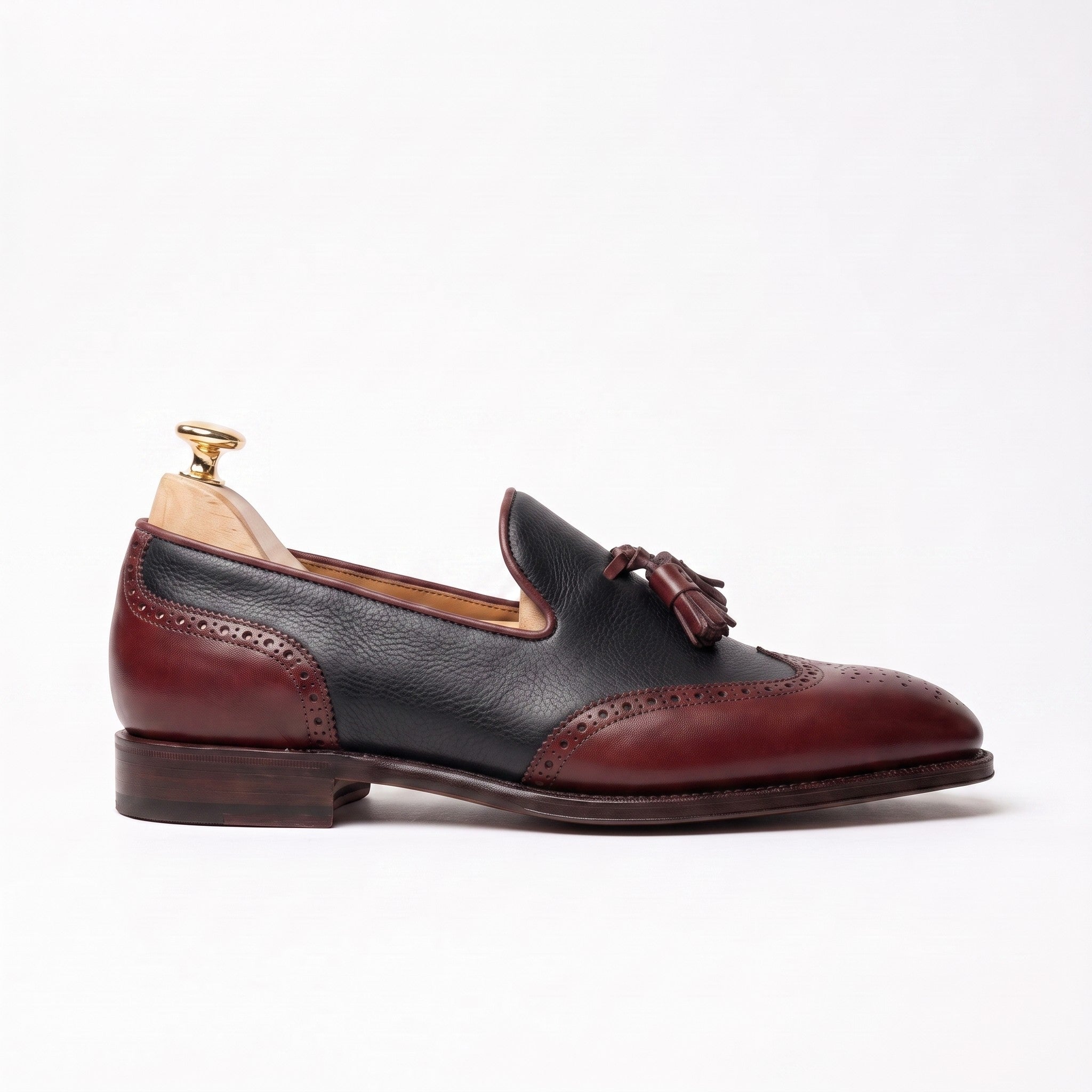 Men's Black and Burgundy Wingtip Leather Tassel Loafers — Badlesmere
