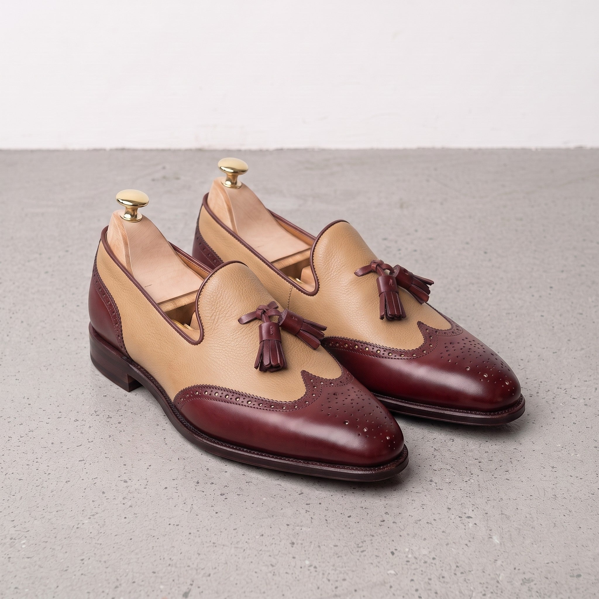 Men's Tan and Burgundy Wingtip Leather Tassel Loafers — Badlesmere