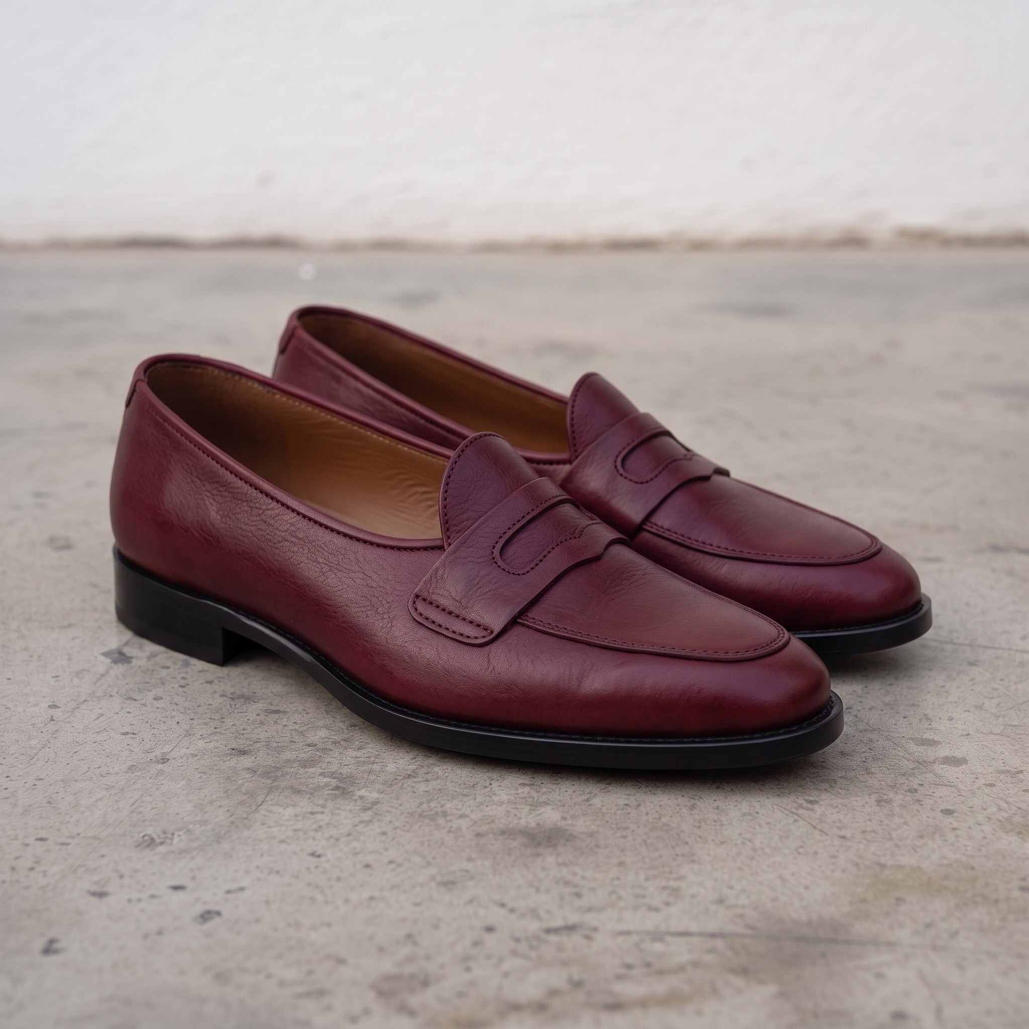 Men's Burgundy Apron-Toe Leather Penny Loafers — Randolph