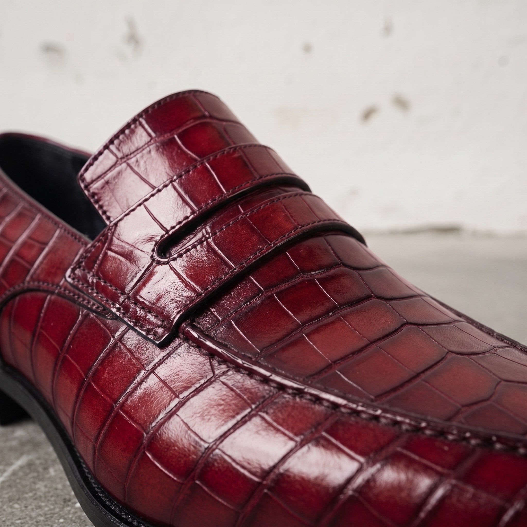 Men's Burgundy Crocodile-Embossed Leather Penny Loafers — Harcourt