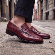 Men's Burgundy Crocodile-Embossed Leather Penny Loafers — Harcourt