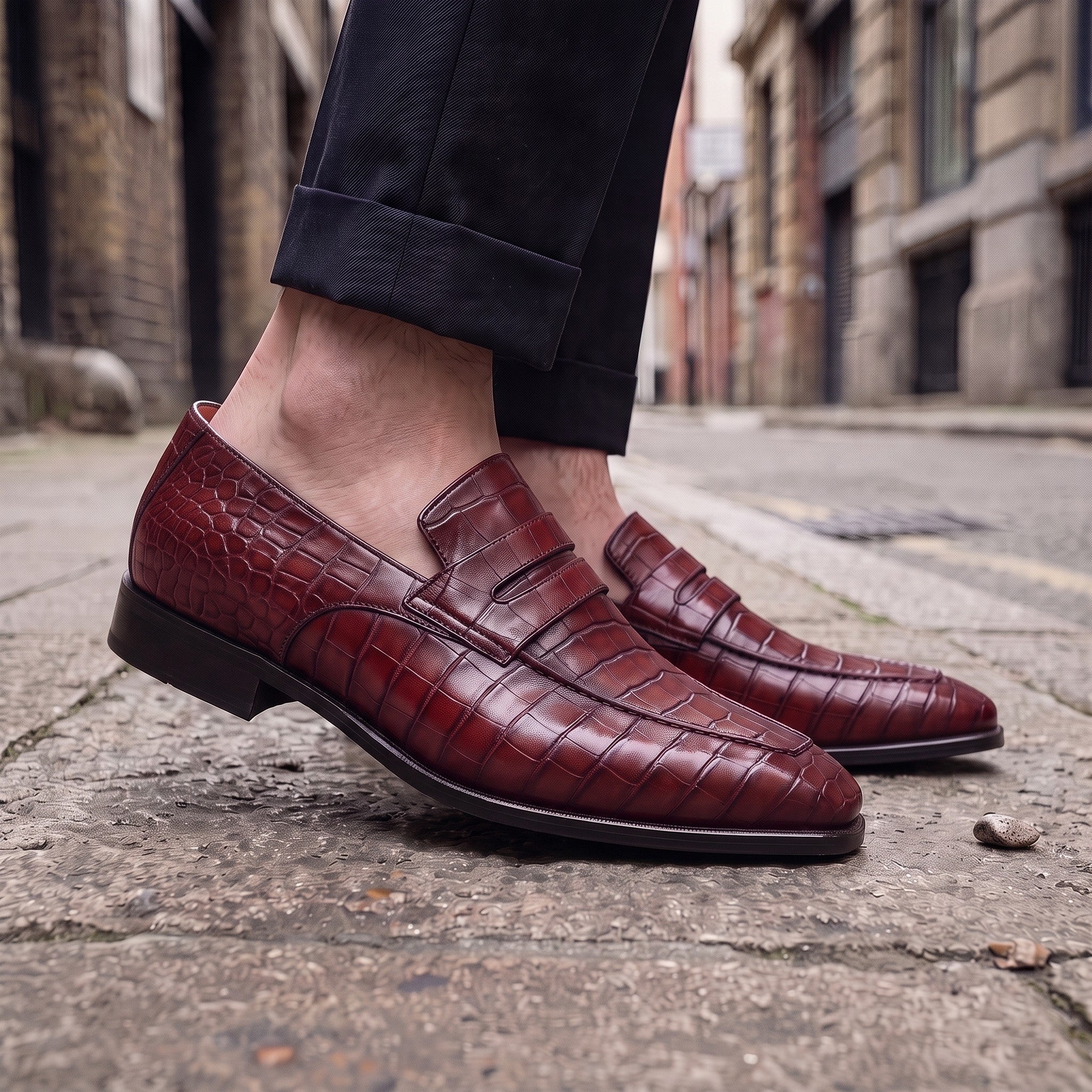 Men's Burgundy Crocodile-Embossed Leather Penny Loafers — Harcourt