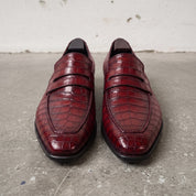 Men's Burgundy Crocodile-Embossed Leather Penny Loafers — Harcourt