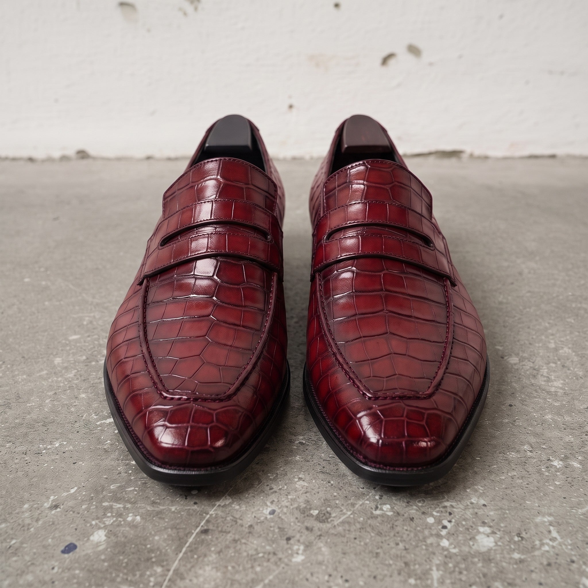 Men's Burgundy Crocodile-Embossed Leather Penny Loafers — Harcourt