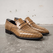 Men's Tan Crocodile-Embossed Leather Penny Loafers — Harcourt